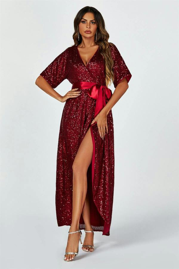 FS Collection Wrap Style Sequin Maxi Dress In Wine