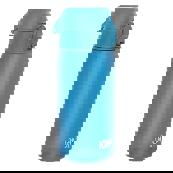 A blue water bottle, sits upright on a white background. The bottle has a screw-on top with a carrying loop. ION8 is printed on the bottle.