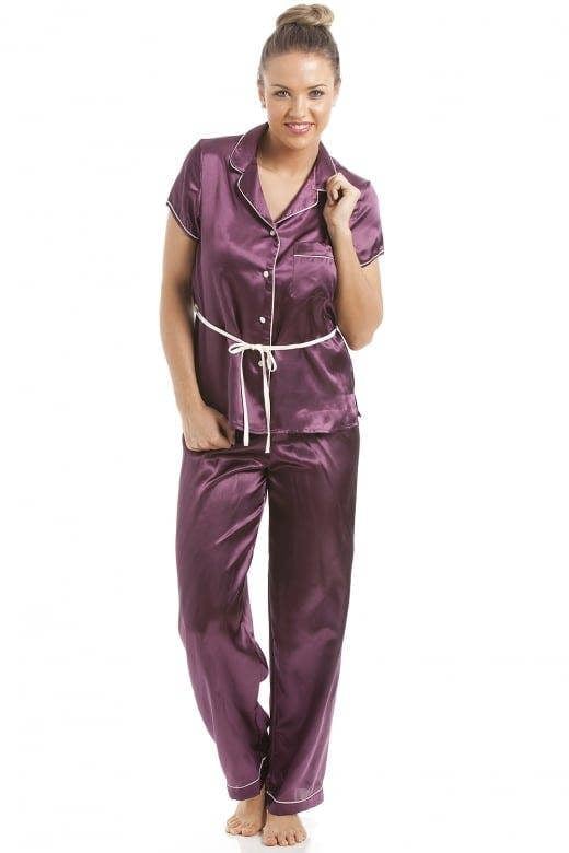 Purple Short Sleeve Belted Satin Pyjama Set