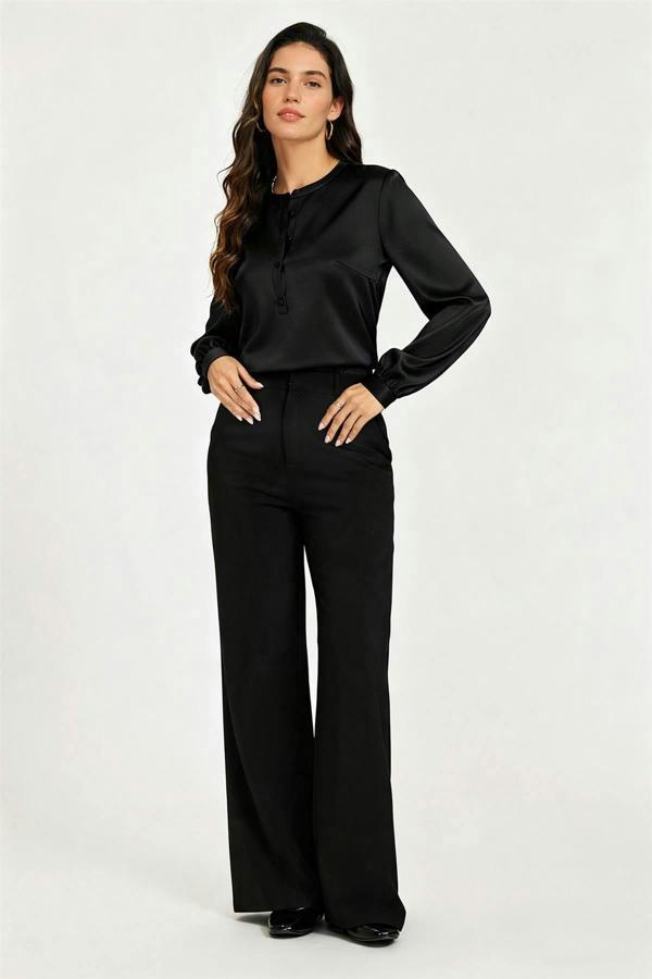 FS Collection Long Sleeve Satin Blouse Top In Black