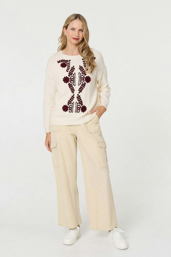 Cream | Embroidered Print Drop Shoulder Jumper