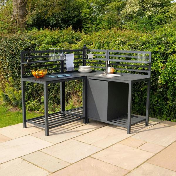 Stylish aluminium outdoor kitchen set featuring a sleek black finish, open shelving, and space for plates and glasses, perfect for entertaining
