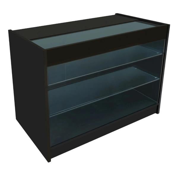 Hyperion LED shop counter set in black, featuring a sleek design with glass shelves and a top display area for products