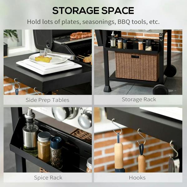 Outdoor gas grill with side prep table, storage rack, spice rack, and hanging hooks