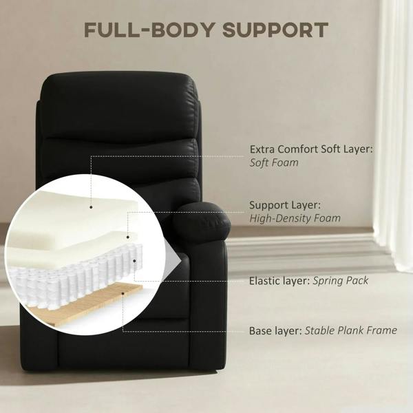 Black PU leather reclining chair back and armrest with visible cushion layers diagram
