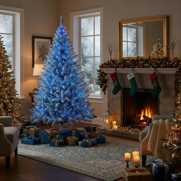 4ft to 8ft Pre-Lit Blue Flocked Christmas Trees with Blue LED Lights and Snowy Finish image 3