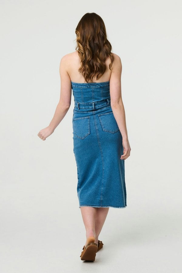 Blue | Denim Strapless Bodycon Midi Dress
