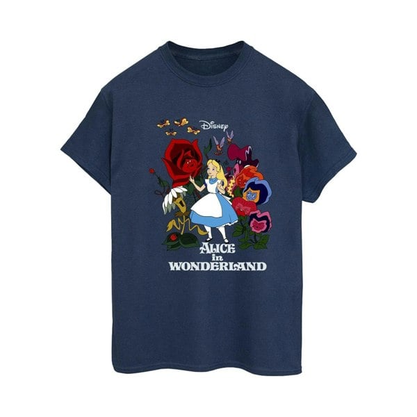 Disney Womens/Ladies Alice In Wonderland Flowers Cotton Boyfriend T-Shirt - Navy Blue