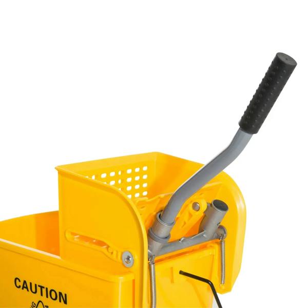 Yellow mop bucket side view with handle, perforated basket, and caution wet floor label