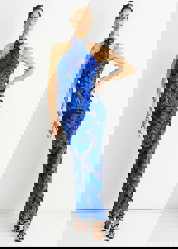 Gini London Blue Floral Occasion Halter Maxi Dress
