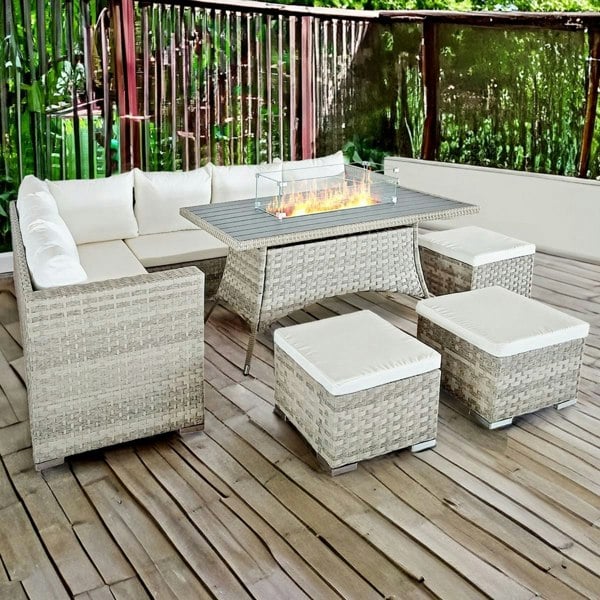 Oseasons Acorn Rattan 9 Seat Corner Firepit Set in Dove Grey