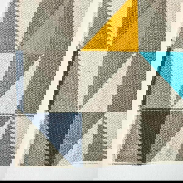 HOMESCAPES Copenhagen Blue, Yellow and Grey 100% Cotton Geometric Style Scandi Printed Rug