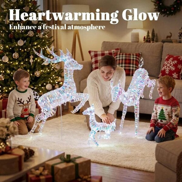 Bobobiy 3-Piece Lighted Reindeer Family Set, Iridescent Outdoor Christmas Decoration, Deer Family with 8 Modes, Daily Timer