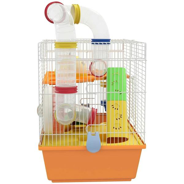 Orange wire gerbil cage with top tube ports and colorful internal ramp system
