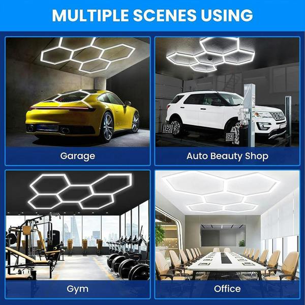 Ener-J 160W Hexagon LED Garage Ceiling Light, 5 Hexagon Design, CCT Switchable 3000K–6500K, Modular Showroom Lighting