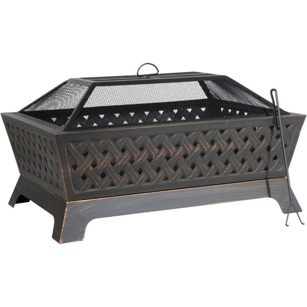 Rectangular Black Fire Pit Wood Burner - Modern Outdoor Garden Heater Mesh Lid