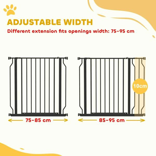 Black pressure-mounted dog safety gate with adjustable width, vertical bars and side frames