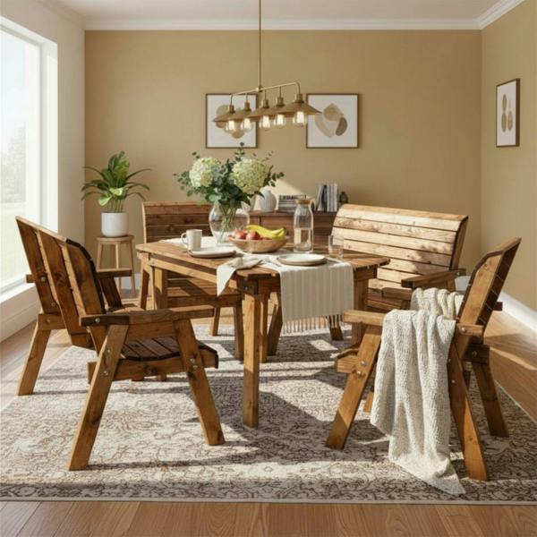 Samuel Alexander Handmade 6 Seater Rustic Wooden Indoor Dining Table, Bench & Chair Set