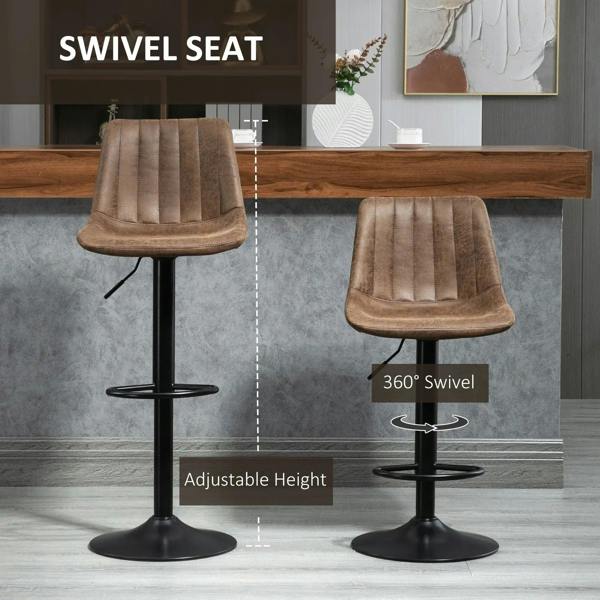 Brown swivel bar stools set of 2 with high back, cushioned seat and black footrest.