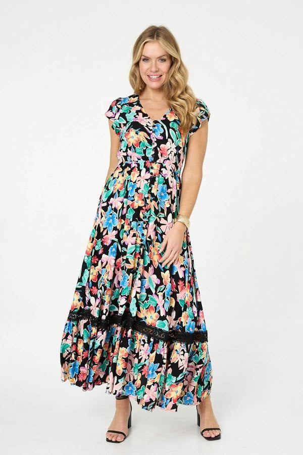 Black | Floral Lace Trim Cap Sleeve Maxi Dress
