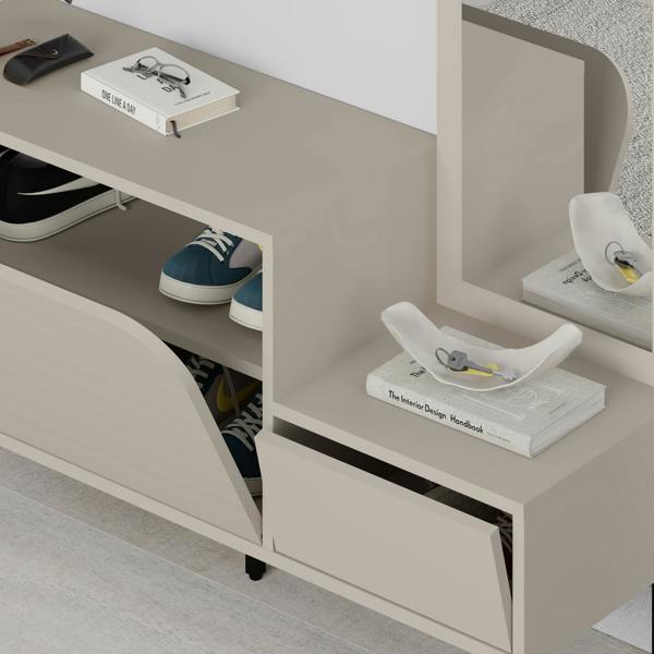 Decortie Modern Mila Coat Stand Set with Mirror and 2-Door Shoe Cabinet with 5 Metal Hooks Hanger 1.72(H)cm