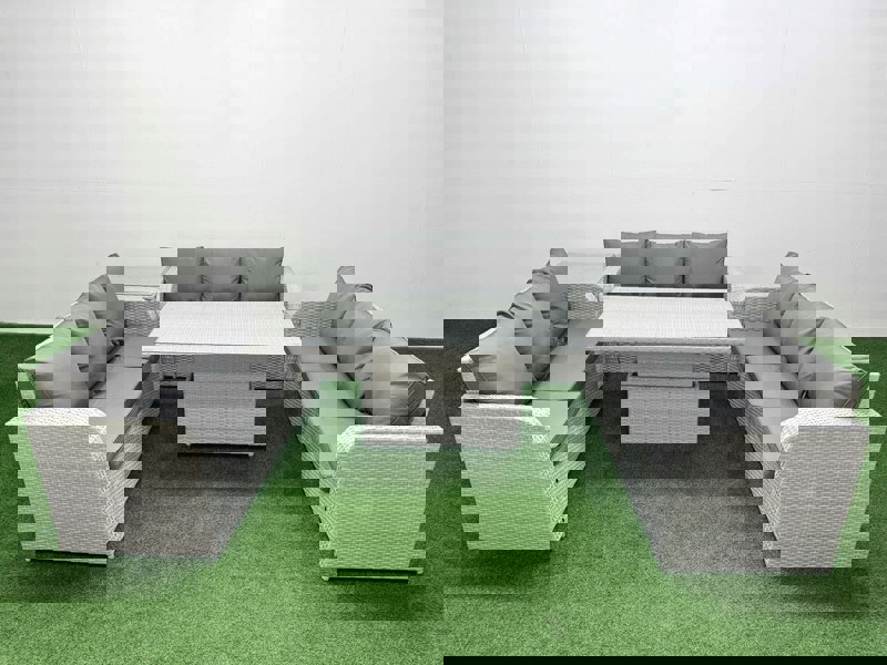 Fimous 9 Seater Light Grey PE Rattan Outdoor Lounge Set - Adjustable Lifting Dining/Coffee Table, 3-Seater Sofa & Side Table