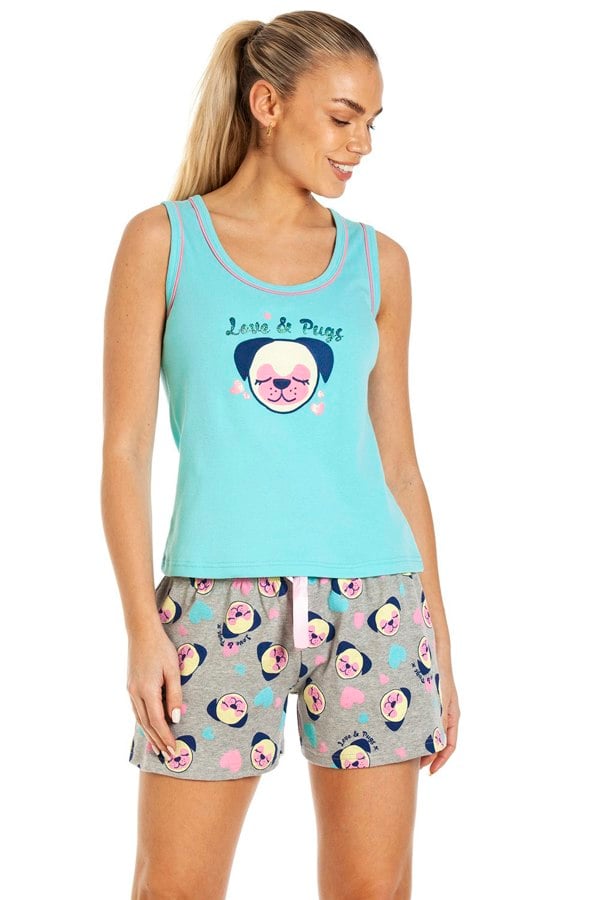 Camille Womens Short Cotton Aqua Dog Print Pyjama Set