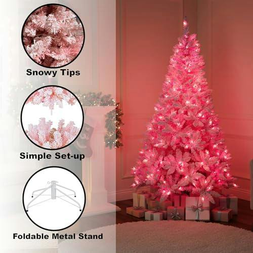 4ft to 8ft Pre-Lit Pink Flocked Christmas Tree with Snowy Finish and Built-In LED Lights image 6