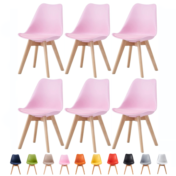 Set of 6 Dining Chairs with Solid Wooden Legs and Seat Cushion Pads Eva - Pink