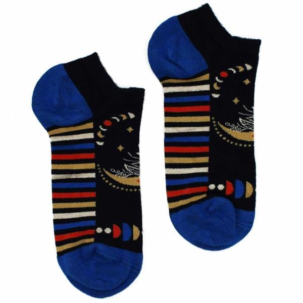 Low bamboo socks, black with navy/blue stripes and lunar phase graphics