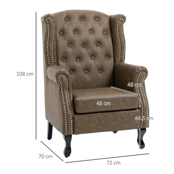 Brown wingback accent chair with tufted back and nailhead trim, rolled armrests, wide seat
