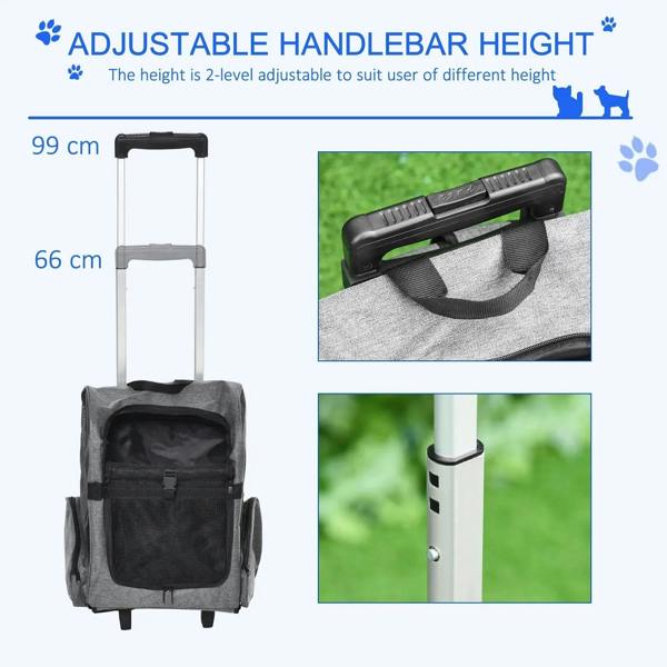 Grey rolling pet carrier backpack with telescopic handle and fabric top carry bag
