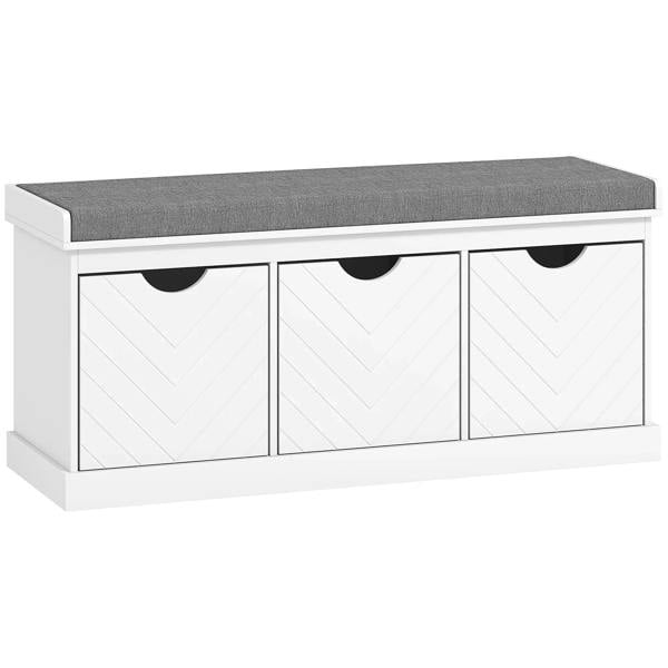 White 3-drawer padded shoe bench with gray cushioned seat and three flip-open fronts