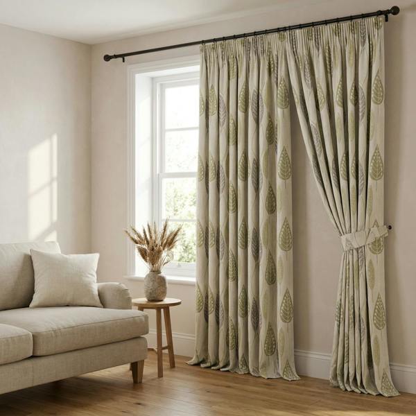 Coco made-to-measure curtains in Green, styled in a living room