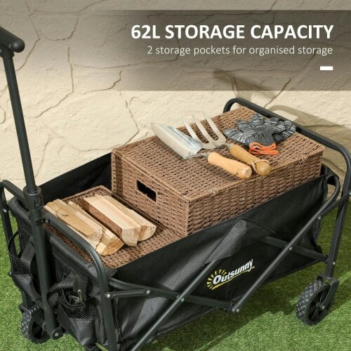 Bobobiy 62L Festival Trolley on Wheels, 120kg Heavy Duty Collapsible Folding Wagon with Adjustable Handle and Carrying Bag for Beach, Black