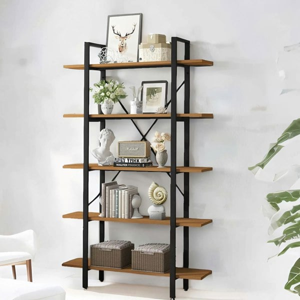 Rafaelo Mobilia Industrial 5 Tier Rustic Brown Bookcase