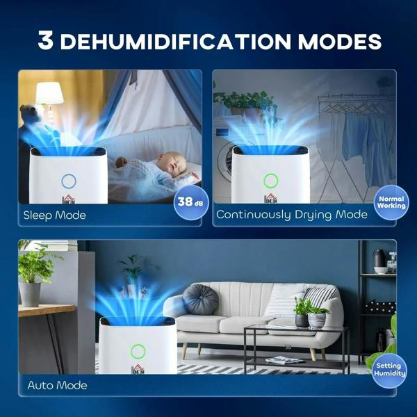 White portable dehumidifier with green LED indicator light on the front