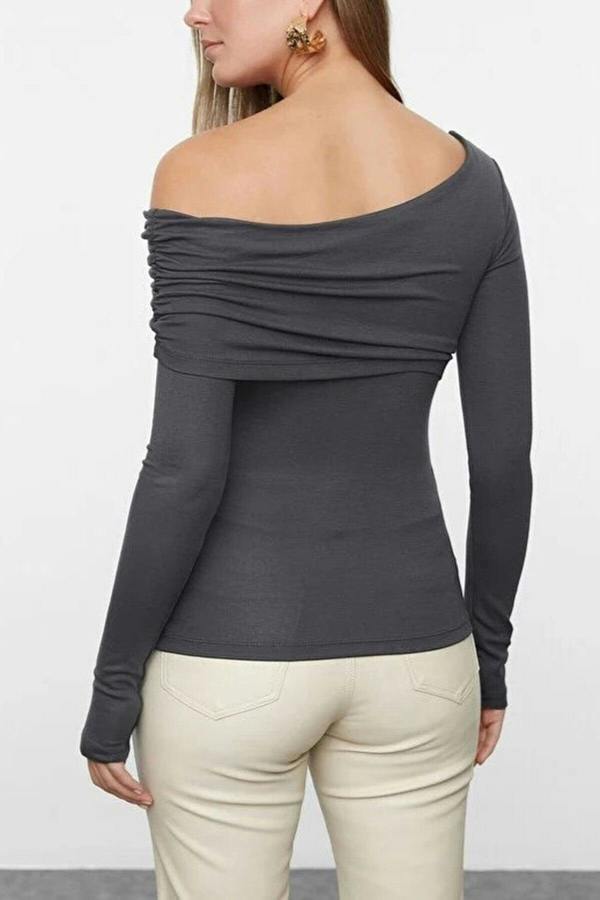 WOVCOR Asymmetrical Collar Flexible Knit Blouse