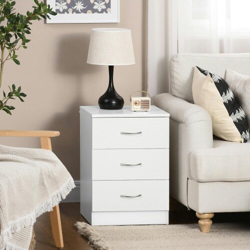 Wyld Haus Yotose White Wood 3 Drawer Bedside Table with Silver Metal Handles