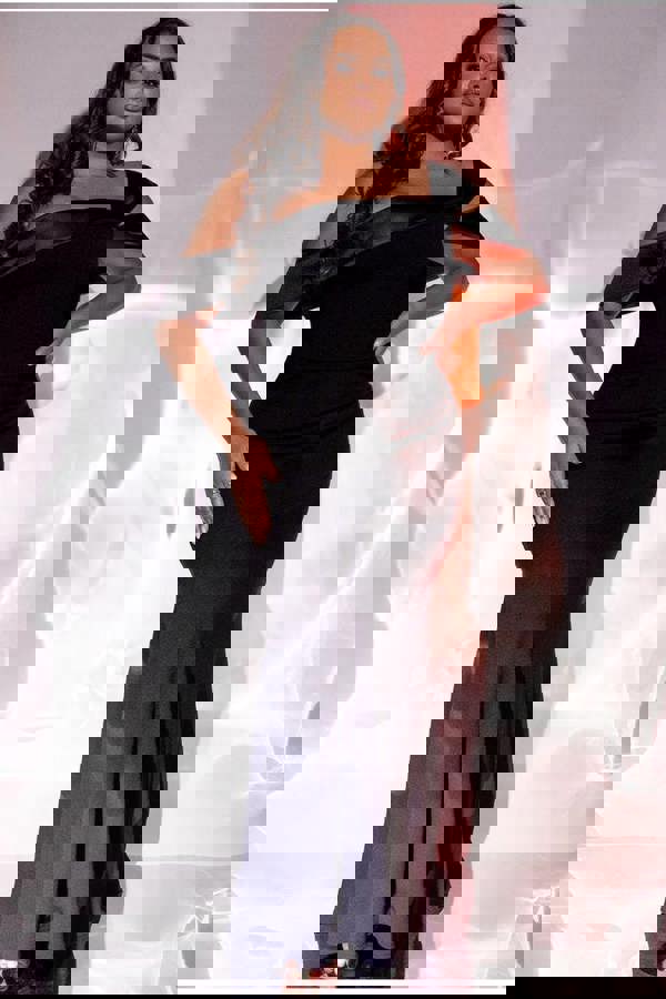 One Shoulder Satin Band Maxi Dress - Black DR3454PLUS