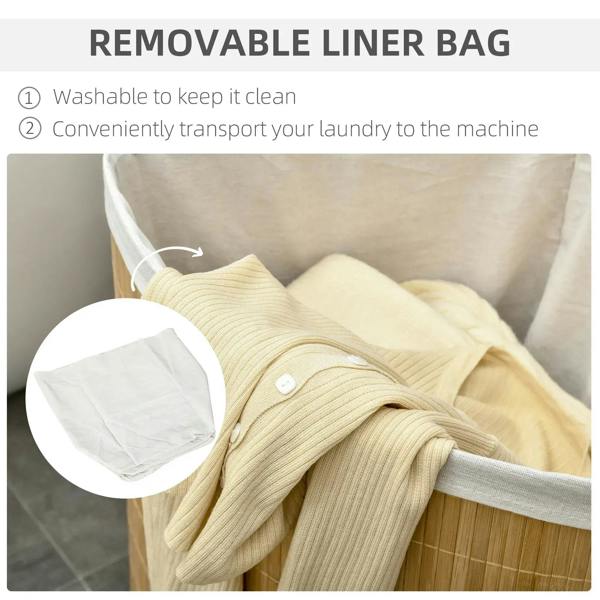 Removable fabric liner bag for bamboo laundry hamper, shown next to folded laundry.