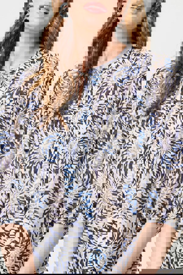 Blue | Floral 3/4 Puff Sleeve Relaxed Blouse