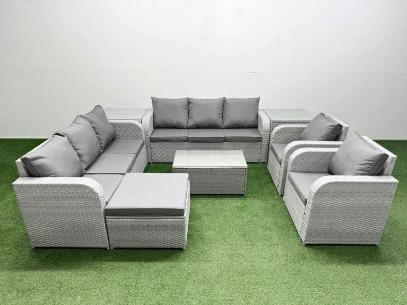 Fimous PE Rattan High Back Lounge Sofa Set Patio Coffee Table & Chairs Set with 3 Seater Sofa Reclining Chair Big Footstool 2 Side Table Light Grey