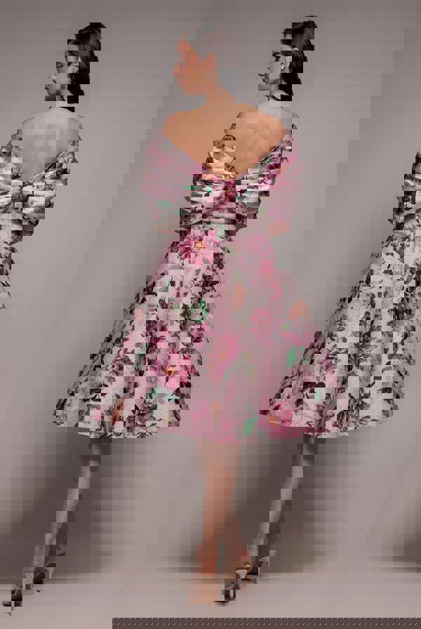 Off Shoulder Floral Bow Back A Line Midi Dress - Blush Pink DR5120