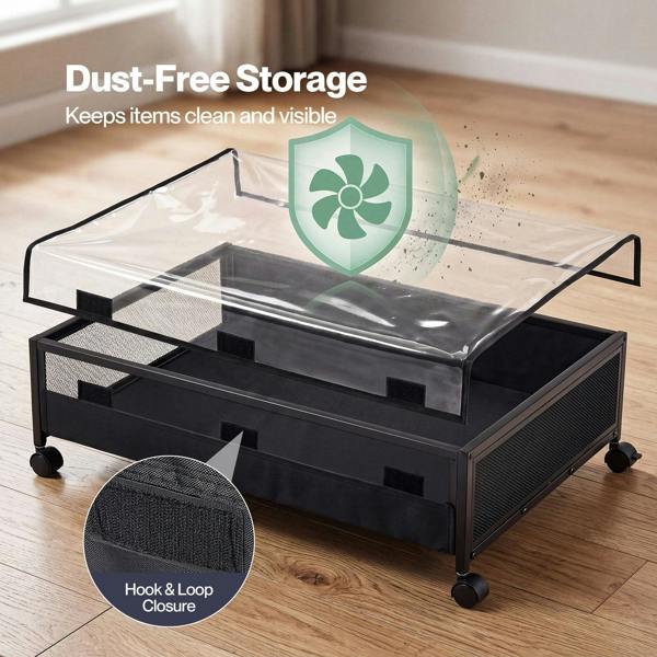 Levede Under Bed Storage Box with Lid Wheels 48L  Metal Frame Black