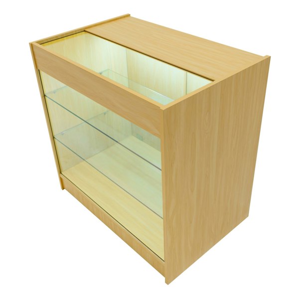 Maple LED shop counter set featuring a sleek design, glass shelves, and a warm wood finish, ideal for retail displays
