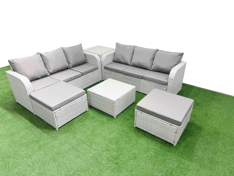 Fimous 8 Seater Garden Set, Wicker Rattan, Square Coffee Table, High Back Lounge Sofa, 2 Big Footstools and Side Table, Light Grey