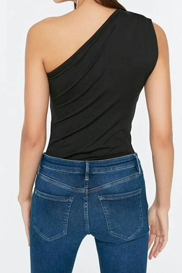 WOVCOR Printed Asymmetrical Collar Elastic Snap Button Knitted Bodysuit