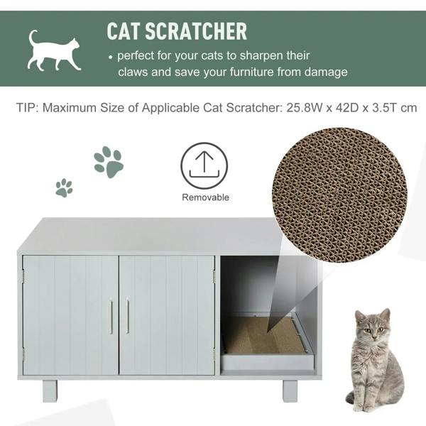 Grey wooden litter box enclosure with built-in scratching pad and open access doorway