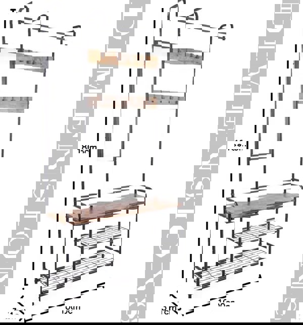 Modcraft Entryway Coat Hanger Stand with Shoe Bench & Mirror Black Rustic Oak Hallway Storage Unit